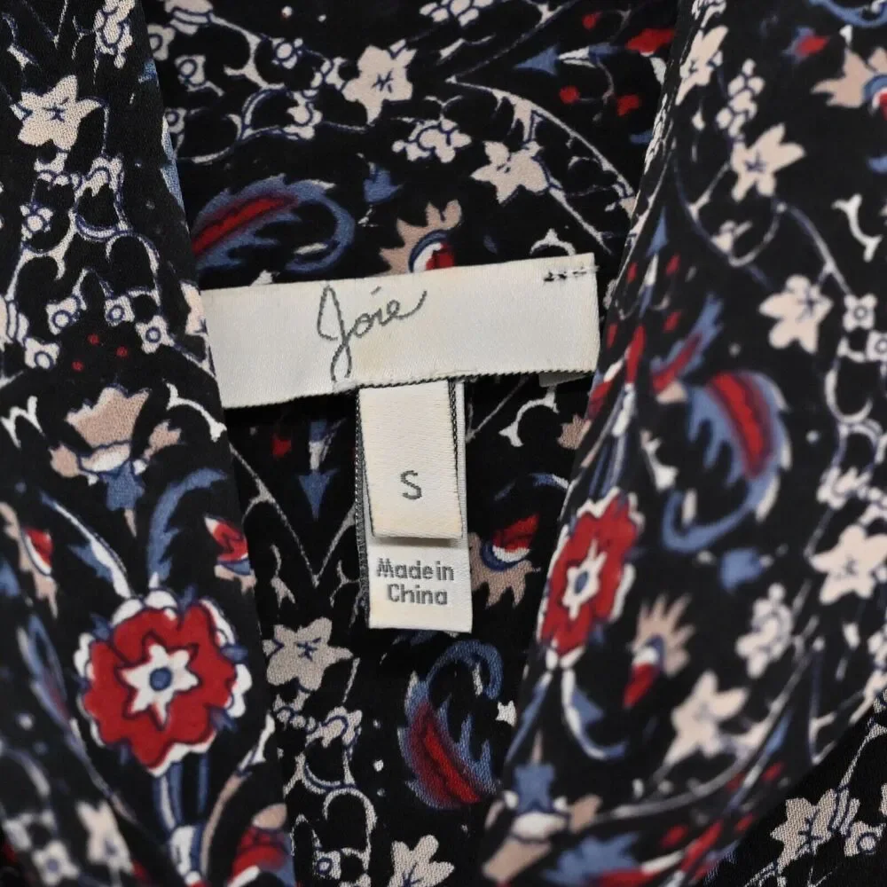 JOIE Dress Sz S Jamira Black Floral Silk Tie Neck Bell Sleeve Ruffle Mini Ditsy‎